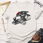 Cream t-shirt with a black and white woodpecker with a red crest planing wood.