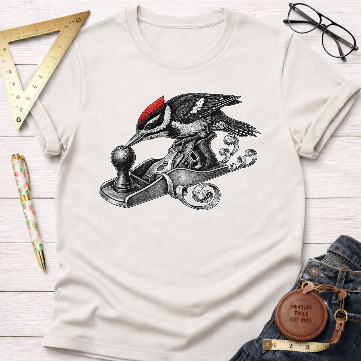 Cream t-shirt with a black and white woodpecker with a red crest planing wood.