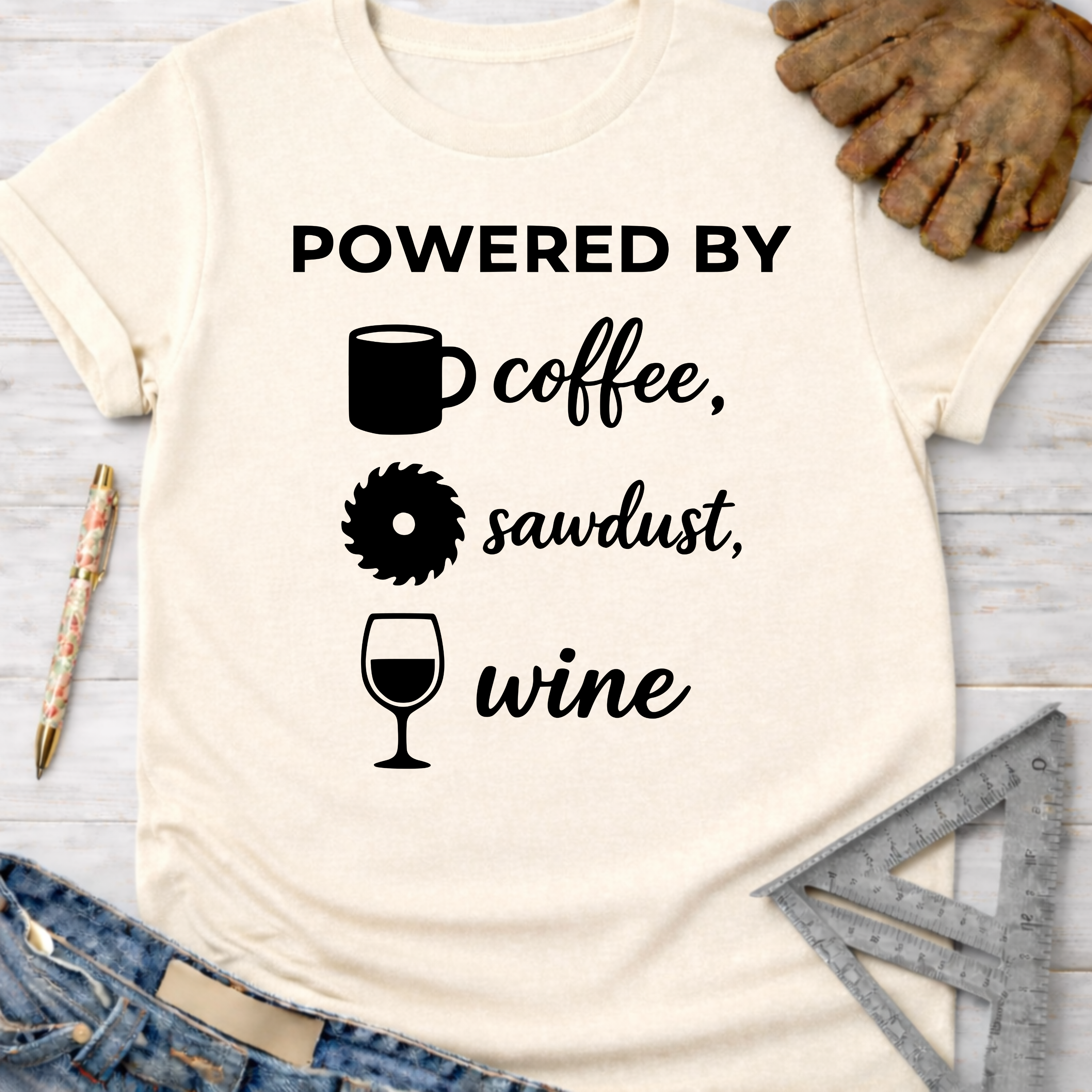 Women's funny woodworking graphic tee shirt for female woodworkers, makers, and DIY builders — Sawdust & Ponytails. Cream t-shirt with "Powered By coffee, sawdust, wine" in black text.