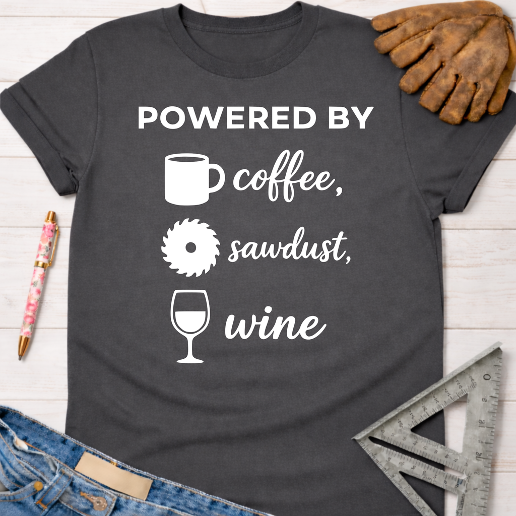 Women's funny woodworking graphic tee shirt for female woodworkers, makers, and DIY builders — Sawdust & Ponytails. Dark gray cotton tee with "Powered By coffee, sawdust, wine" graphic.