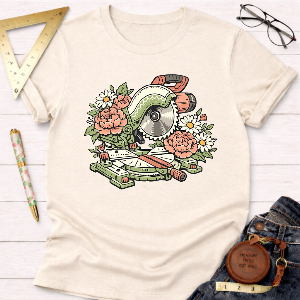 Cream t-shirt with a green miter saw design surrounded by pink and white flowers.