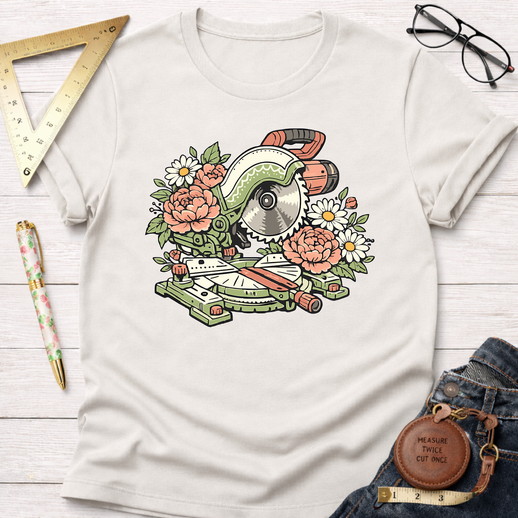 White cotton t-shirt with a colorful floral miter saw graphic, surrounded by woodworking tools.