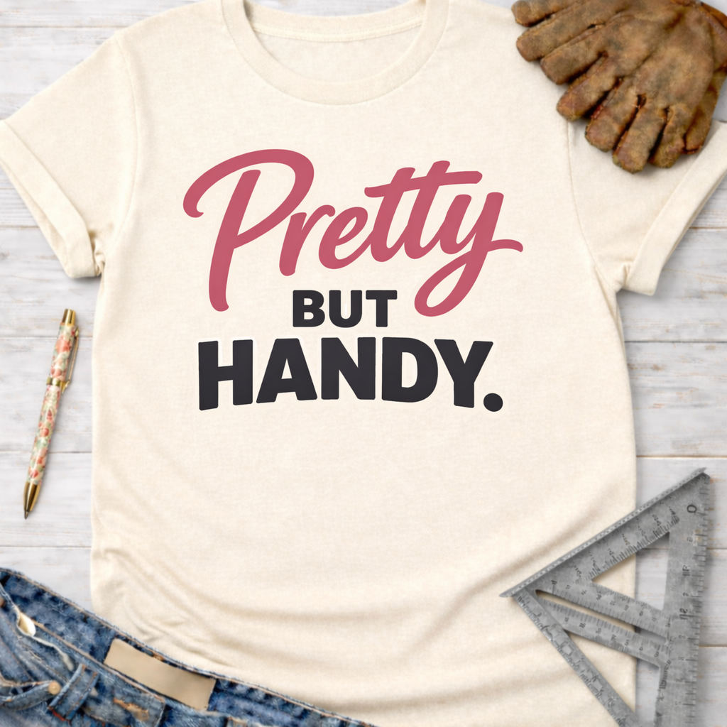Women's funny woodworking graphic tee shirt for female woodworkers, makers, and DIY builders — Sawdust & Ponytails. Cream t-shirt with "Pretty But Handy" in pink and black.