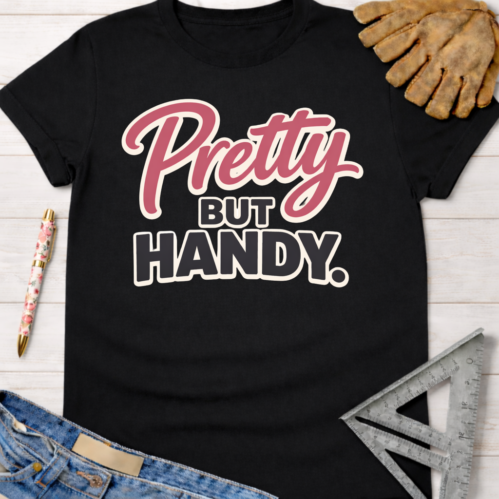Black "Pretty But Handy" graphic tee, women's funny woodworking shirt for female woodworkers, makers, and DIY builders — Sawdust & Ponytails.
