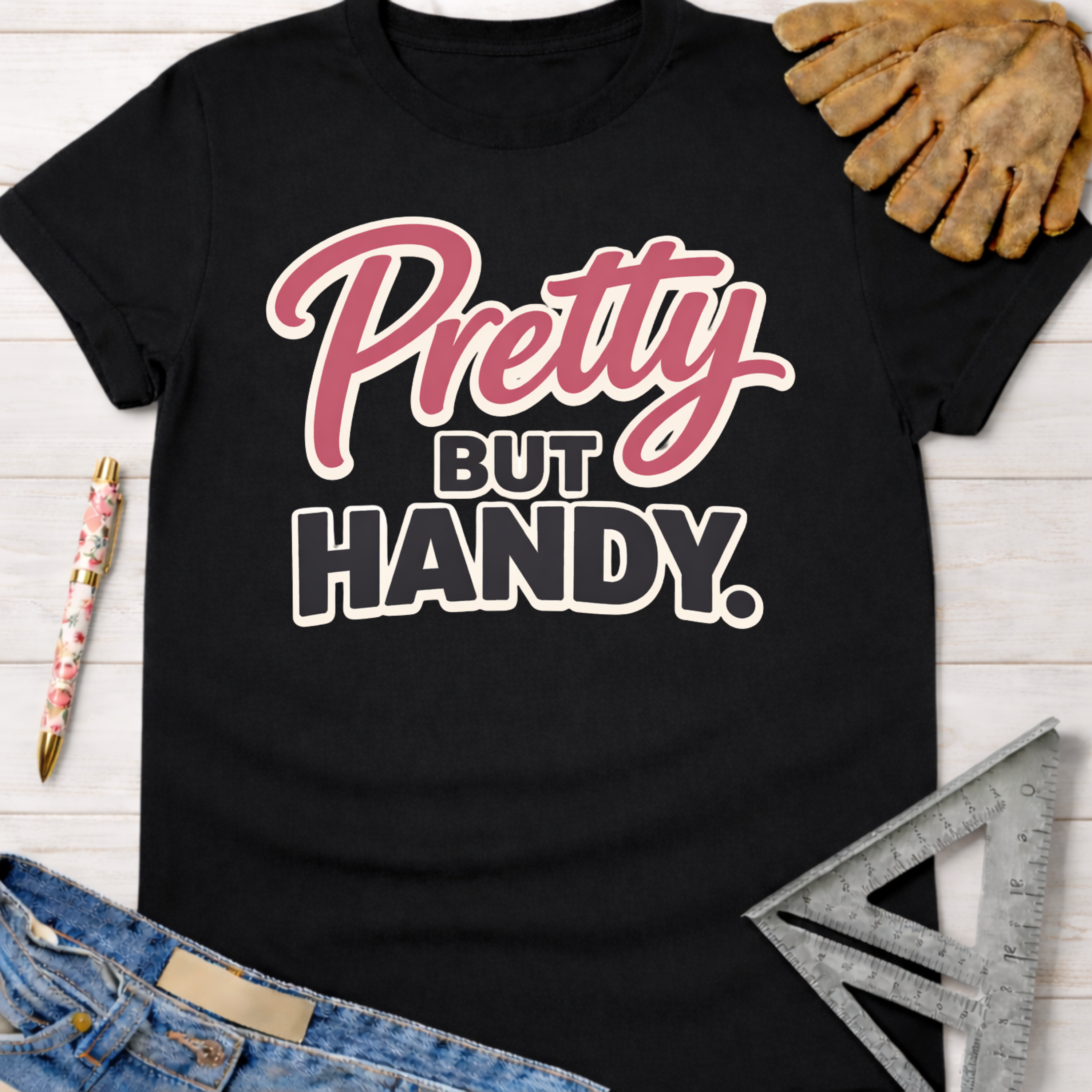 Black "Pretty But Handy" graphic tee, women's funny woodworking shirt for female woodworkers, makers, and DIY builders — Sawdust & Ponytails.