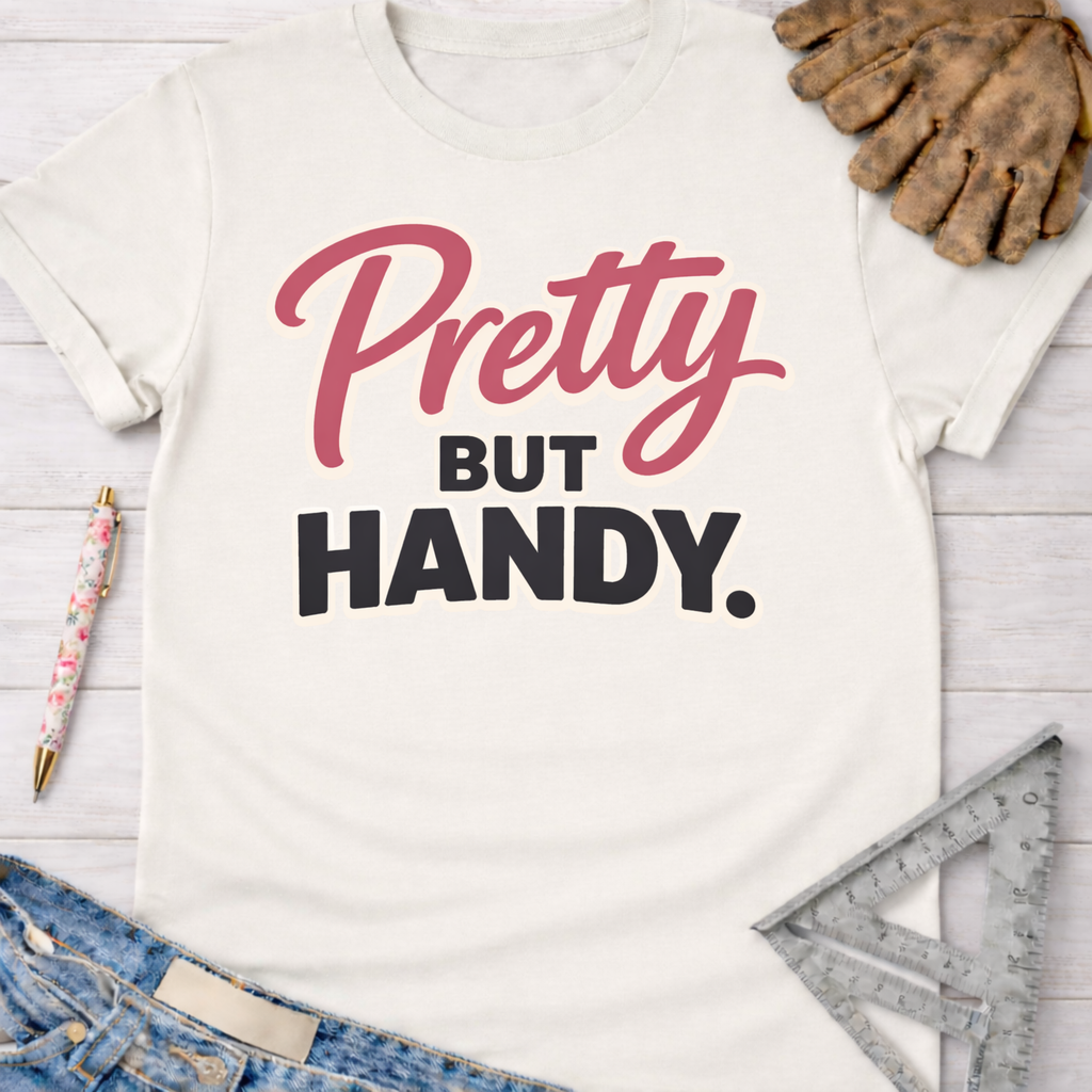 Women's funny woodworking graphic tee shirt for female woodworkers, makers, and DIY builders — Sawdust & Ponytails. Cream t-shirt with "Pretty BUT HANDY." in pink and black.