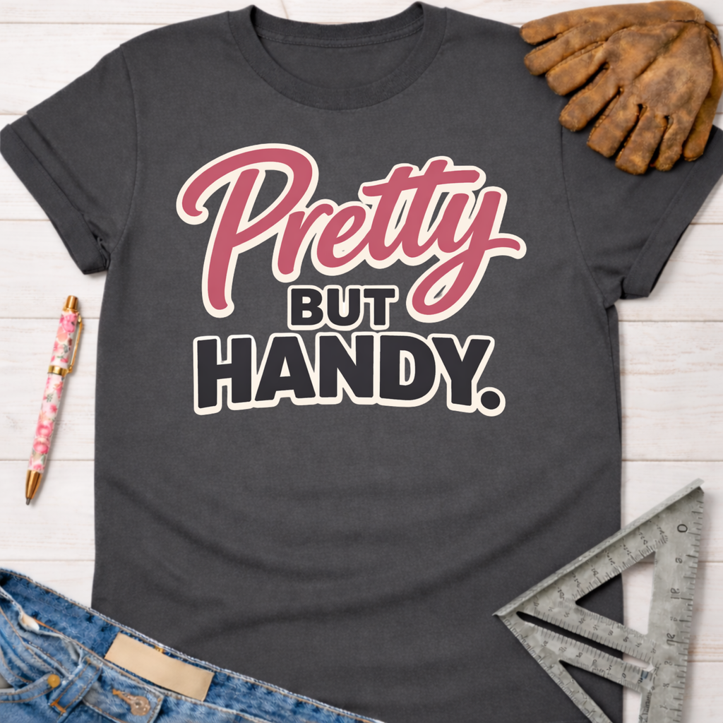 Women's funny woodworking graphic tee shirt for female woodworkers, makers, and DIY builders — Sawdust & Ponytails. Dark gray cotton tee with "Pretty BUT HANDY." in pink and cream script.
