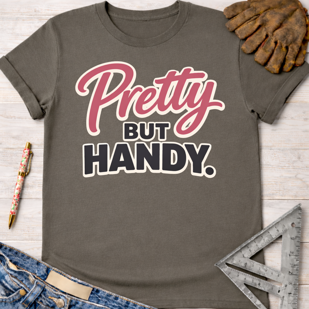 Women's funny woodworking graphic tee shirt for female woodworkers, makers, and DIY builders — Sawdust & Ponytails. Dark gray cotton t-shirt with "Pretty BUT HANDY" in pink and black.