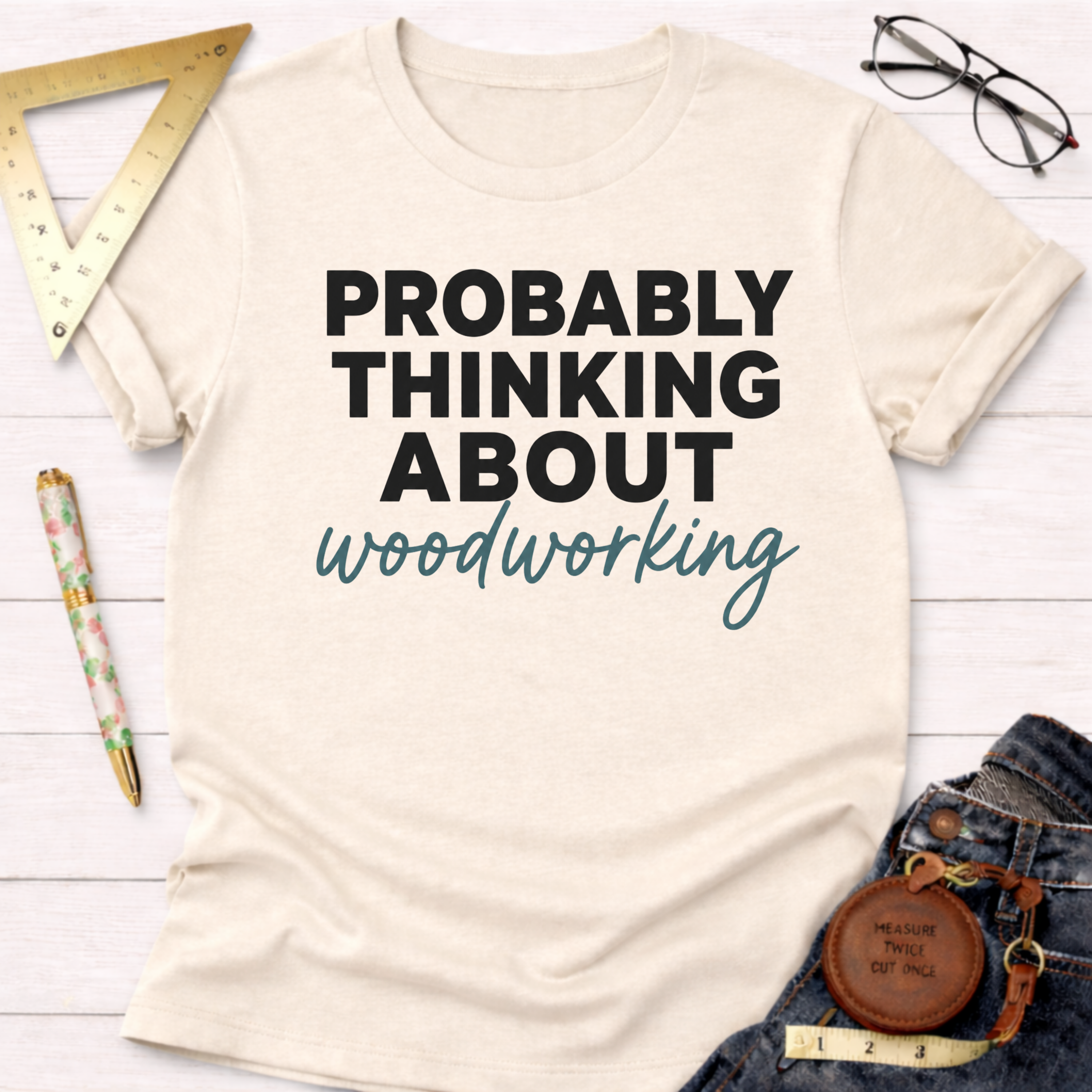 Cream short-sleeve t-shirt with "PROBABLY THINKING ABOUT woodworking" text. Women's funny woodworking graphic tee shirt for female woodworkers, makers, and DIY builders — Sawdust & Ponytails.