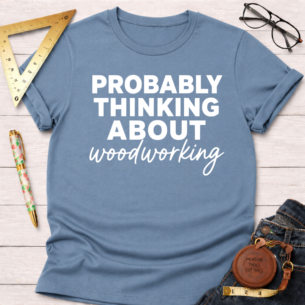 Women's funny woodworking graphic tee shirt for female woodworkers, makers, and DIY builders — Sawdust & Ponytails. Blue cotton tee with "Probably Thinking About Woodworking" text.
