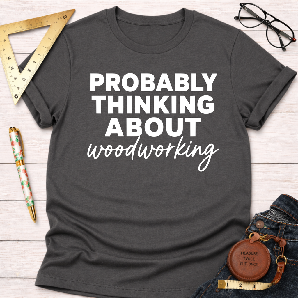 Charcoal gray cotton blend t-shirt with "Probably Thinking About Woodworking" in white text. Women's funny woodworking graphic tee shirt for female woodworkers, makers, and DIY builders — Sawdust & Ponytails