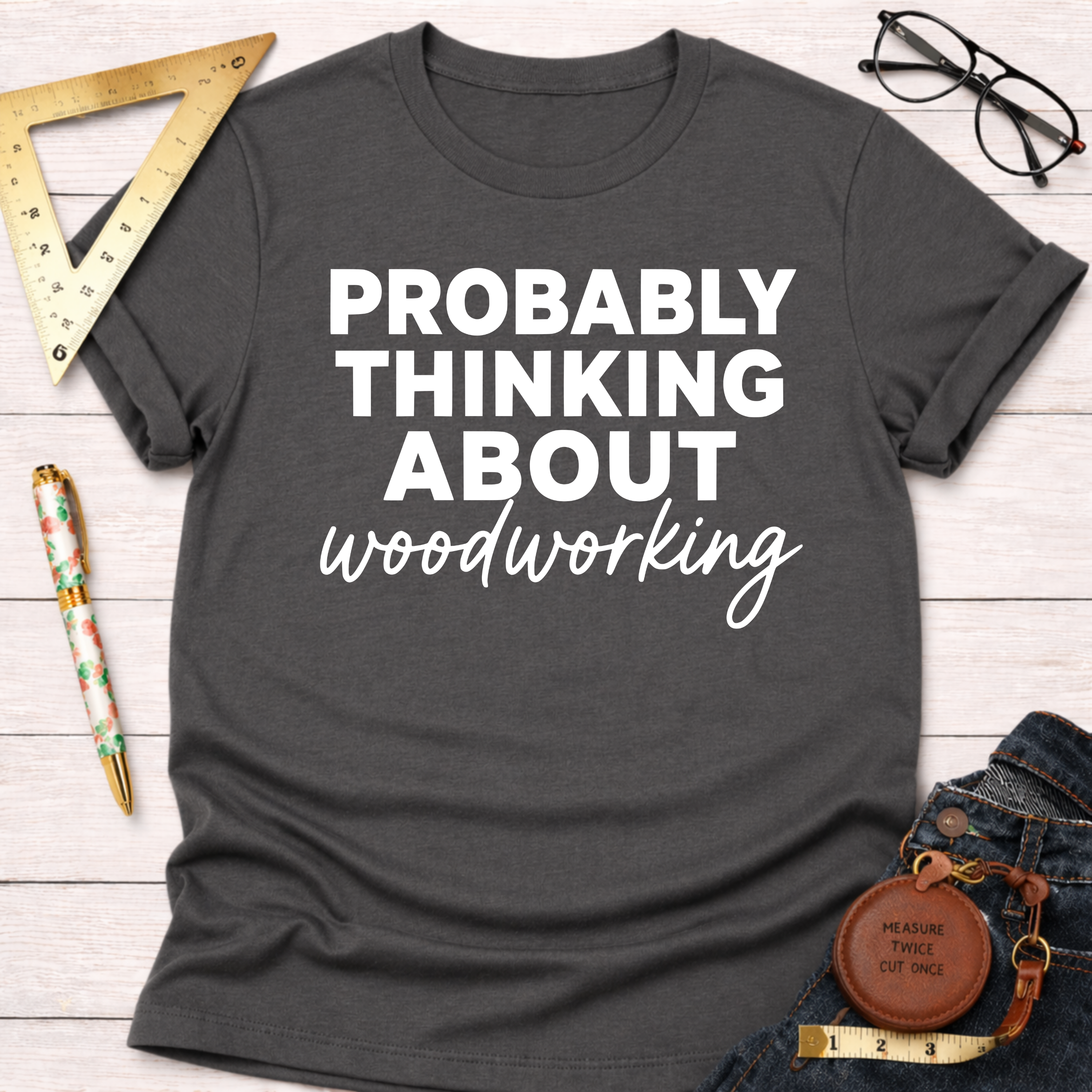 Charcoal gray cotton blend t-shirt with "Probably Thinking About Woodworking" in white text. Women's funny woodworking graphic tee shirt for female woodworkers, makers, and DIY builders — Sawdust & Ponytails