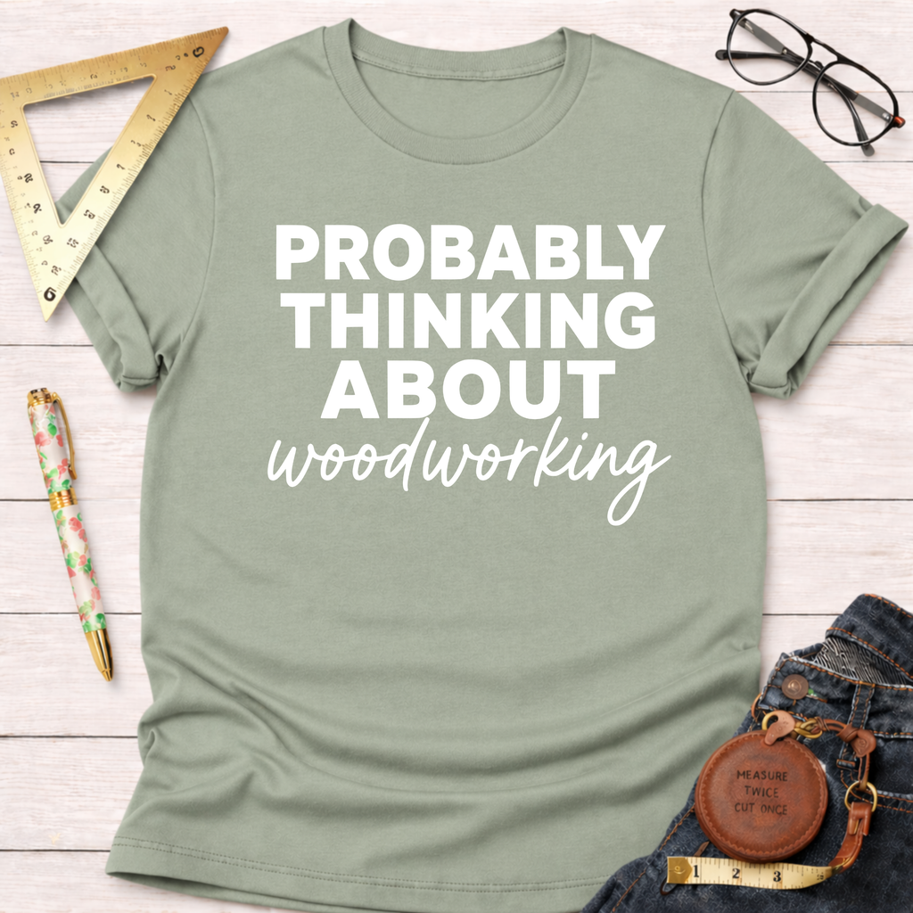 Women's funny woodworking graphic tee shirt for female woodworkers, makers, and DIY builders — Sawdust & Ponytails. Light green crew neck t-shirt with "PROBABLY THINKING ABOUT woodworking" in white text.
