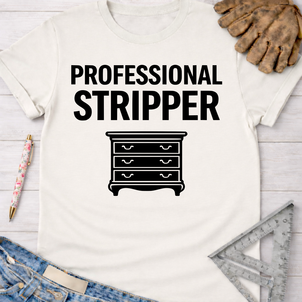 Women's funny woodworking graphic tee shirt for female woodworkers, makers, and DIY builders — Sawdust & Ponytails. White cotton tee with "Professional Stripper" text and a dresser graphic.