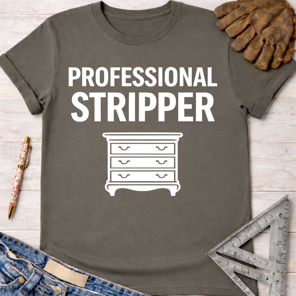 Women's funny woodworking graphic tee shirt for female woodworkers, makers, and DIY builders — Sawdust & Ponytails. Dark gray cotton tee with "PROFESSIONAL STRIPPER" and a dresser graphic.