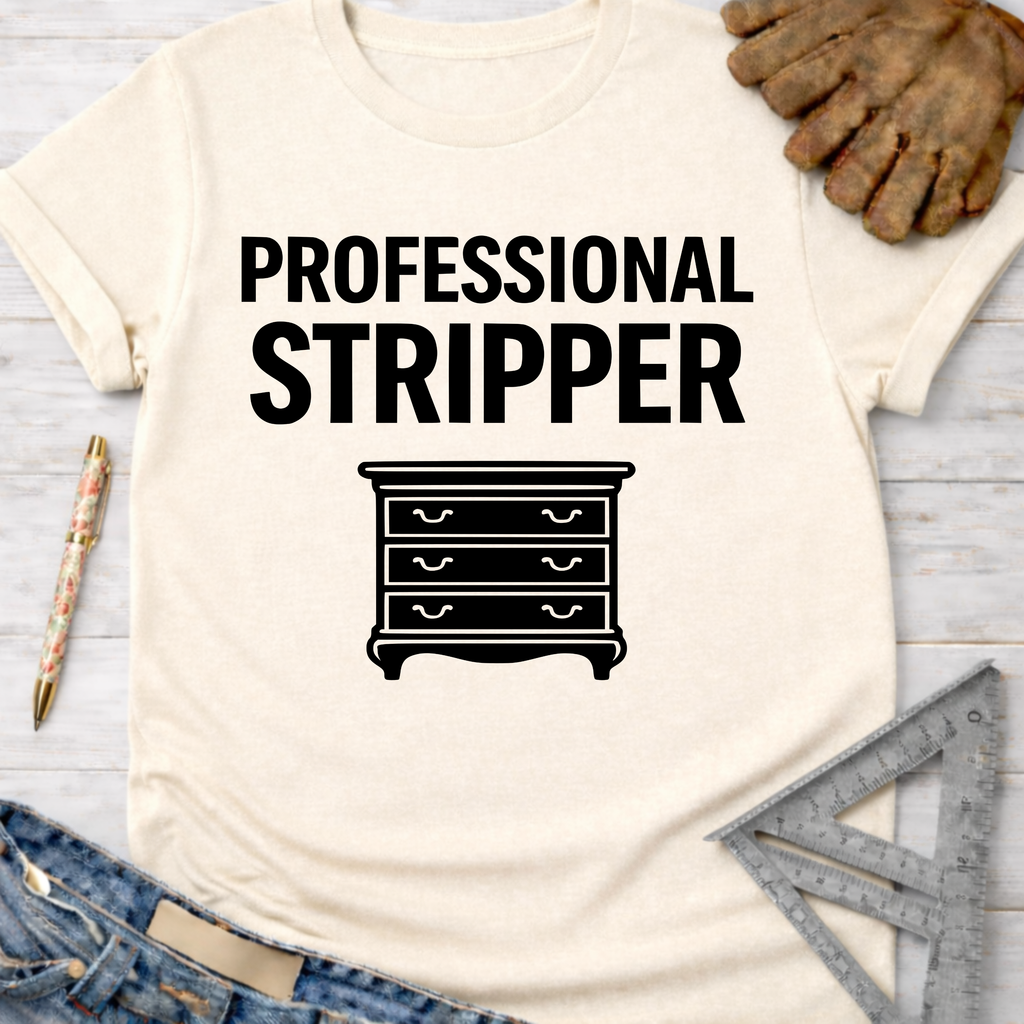 Women's funny woodworking graphic tee shirt for female woodworkers, makers, and DIY builders — Sawdust & Ponytails. Cream t-shirt with "PROFESSIONAL STRIPPER" and a dresser graphic.