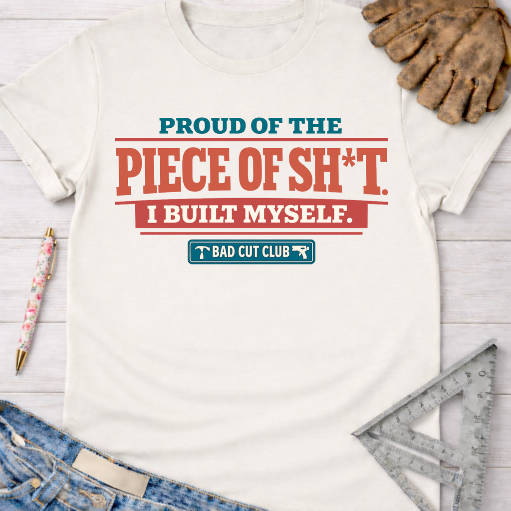 Women's funny woodworking graphic tee shirt for female woodworkers, makers, and DIY builders — Sawdust & Ponytails. White cotton tee with "Proud Of The Piece Of Sh*t I Built Myself. Bad Cut Club" in red and blue text.