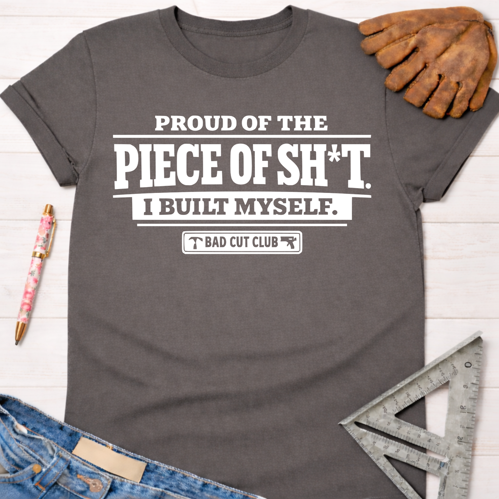 Charcoal gray cotton women's funny woodworking graphic tee with "Proud of the Piece of Sh*t I Built Myself. Bad Cut Club" in white text.