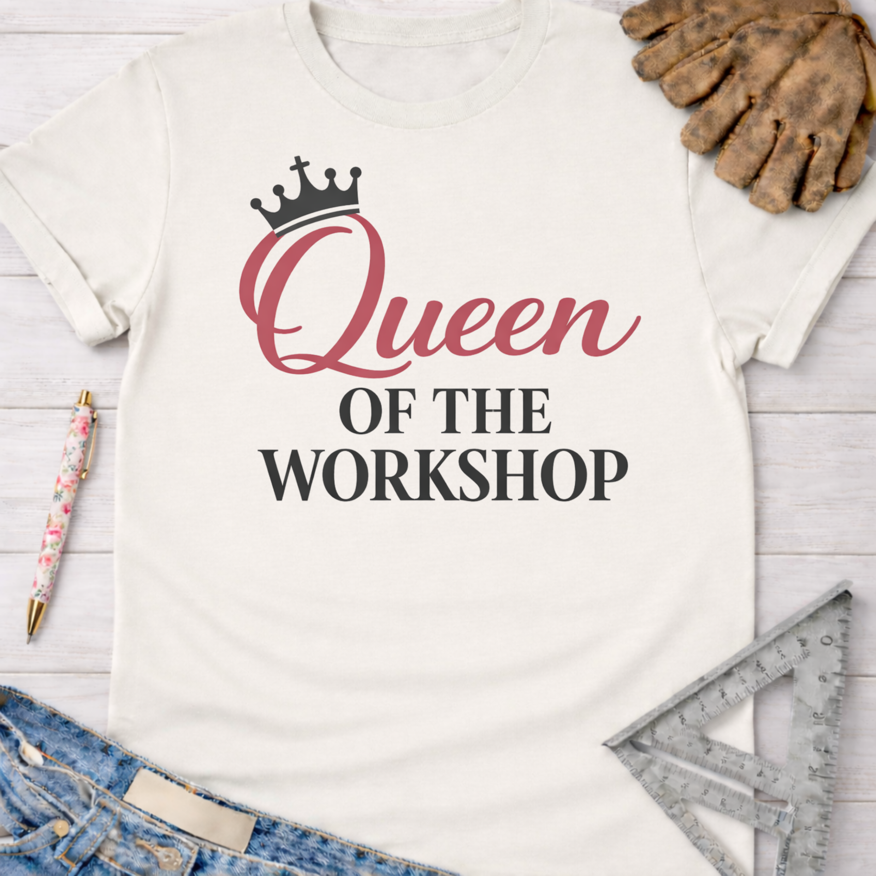 Women's funny woodworking graphic tee shirt for female woodworkers, makers, and DIY builders — Sawdust & Ponytails. Cream t-shirt with "Queen OF THE WORKSHOP" graphic.