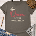 Charcoal gray "Queen of The Workshop" graphic tee with a crown, for female woodworkers, makers, and DIY builders.