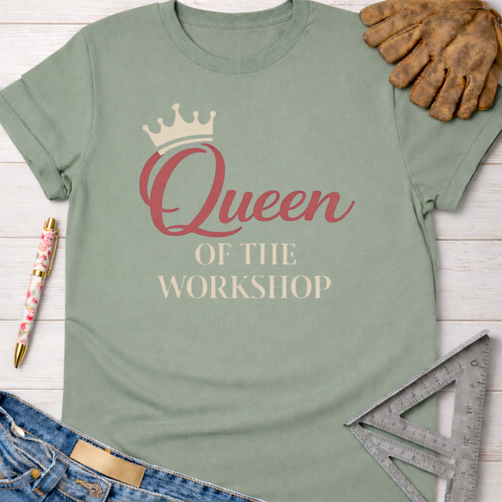 Sage green "Queen of The Workshop" graphic tee with crown, jeans, work glove, and ruler.