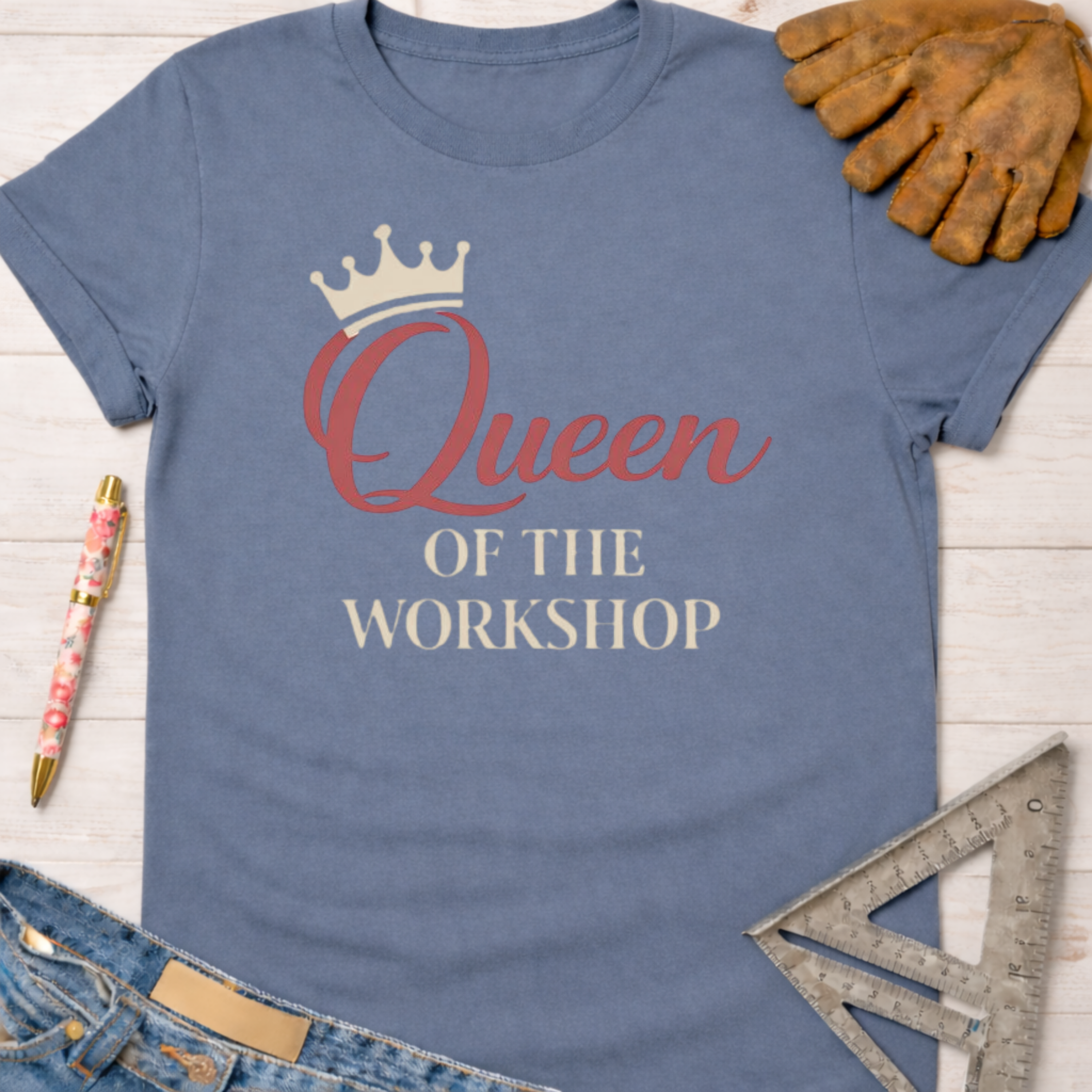 Blue "Queen of The Workshop" graphic tee with crown, for female woodworkers, makers, and DIY builders — Sawdust & Ponytails