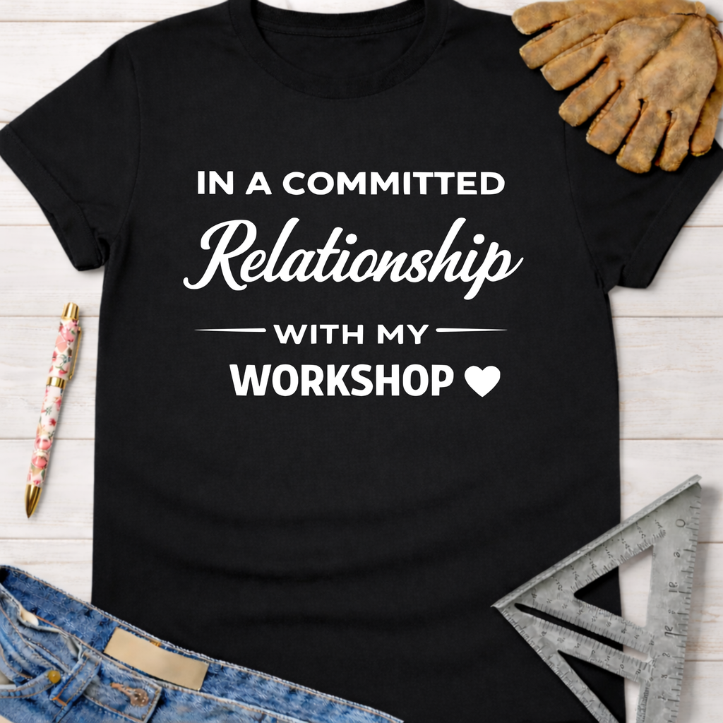 Black cotton t-shirt with "In a Committed Relationship With My Workshop" text. Women's funny woodworking graphic tee shirt for female woodworkers, makers, and DIY builders — Sawdust & Ponytails