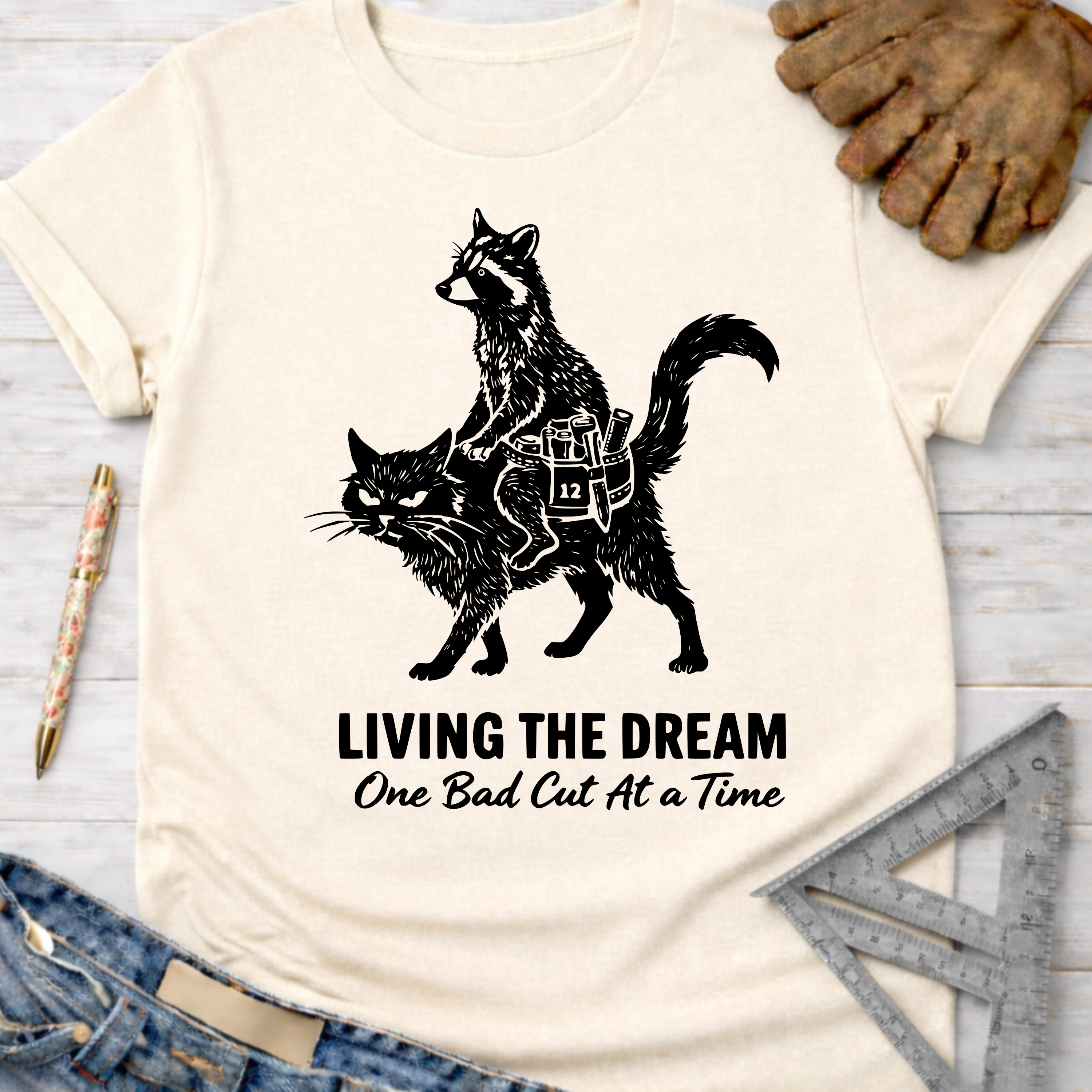 Women's funny woodworking graphic tee shirt for female woodworkers, makers, and DIY builders — Sawdust & Ponytails. Cream tee with a raccoon riding a cat, "LIVING THE DREAM One Bad Cut At A Time" text.