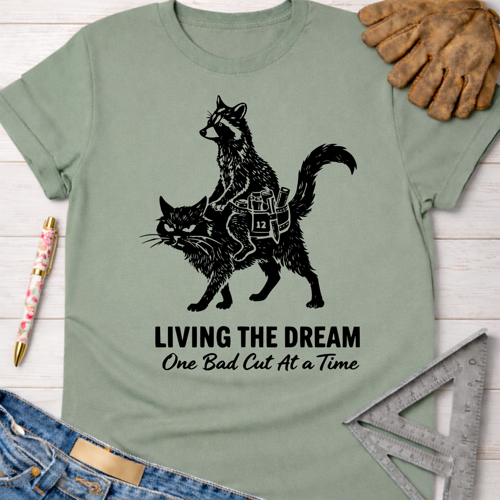 Women's funny woodworking graphic tee shirt for female woodworkers, makers, and DIY builders — Sawdust & Ponytails. Sage green cotton tee with a black graphic of a raccoon riding a cat, text "LIVING THE DREAM One Bad Cut At A Time.