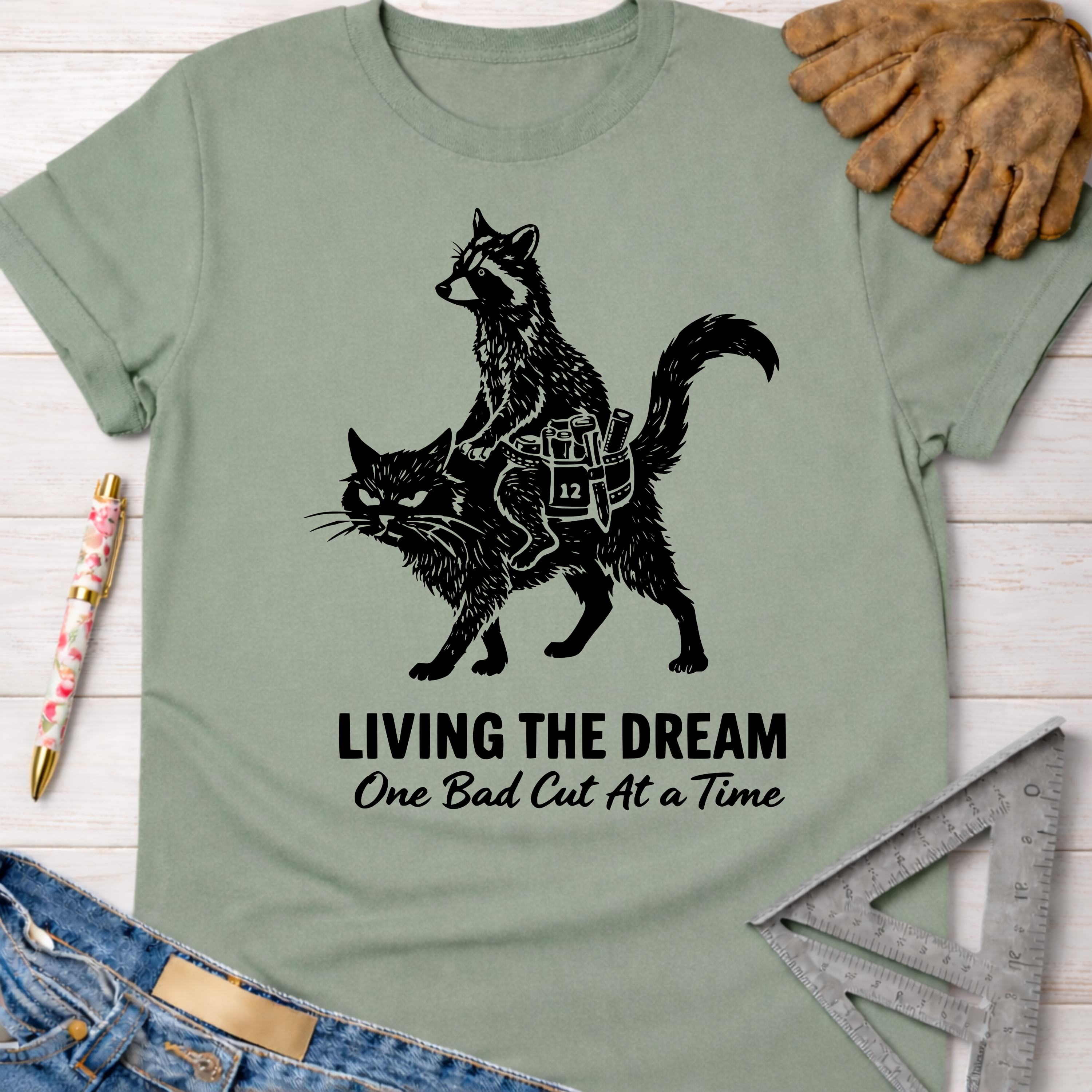Women's funny woodworking graphic tee shirt for female woodworkers, makers, and DIY builders — Sawdust & Ponytails. Sage green cotton tee with a black graphic of a raccoon riding a cat, text "LIVING THE DREAM One Bad Cut At A Time.