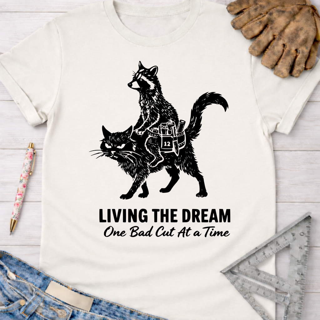 Women's funny woodworking graphic tee shirt for female woodworkers, makers, and DIY builders — Sawdust & Ponytails. White cotton tee with a black graphic of a raccoon riding an angry cat, text "LIVING THE DREAM One Bad Cut At a Time.
