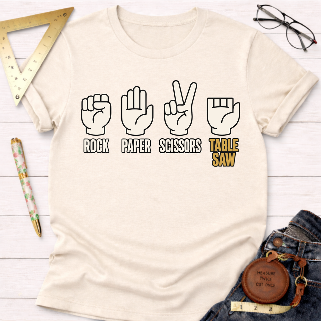 Cream short-sleeve t-shirt with "Rock Paper Scissors Table Saw" graphic featuring hand gestures.