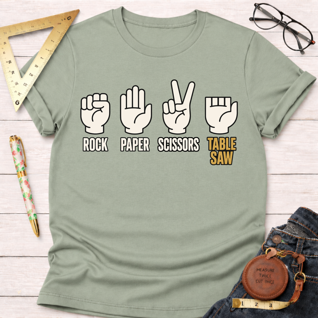 Sage green t-shirt with "Rock Paper Scissors Table Saw" graphic.