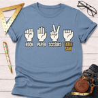 Blue cotton t-shirt with "Rock Paper Scissors Table Saw" graphic featuring hand gestures.