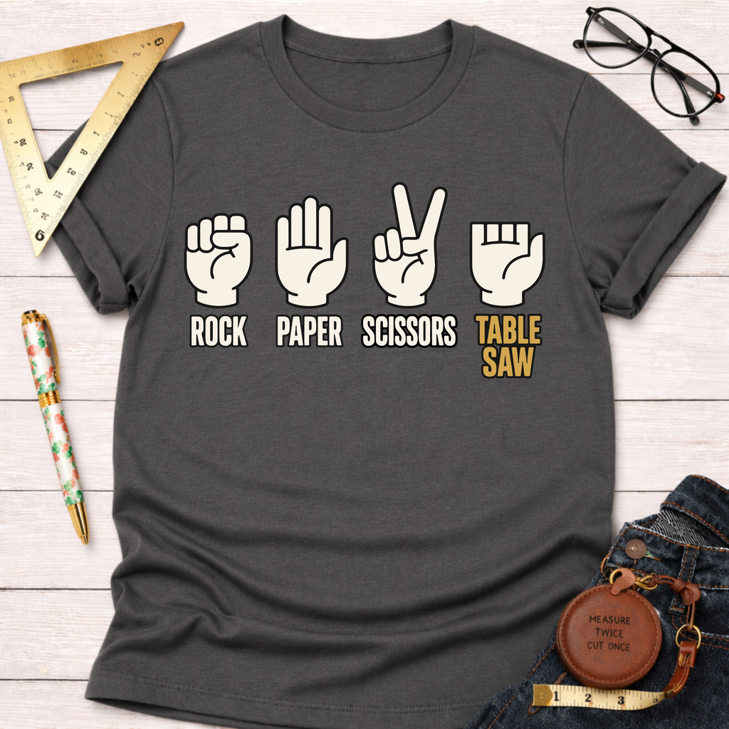 Charcoal gray t-shirt with "Rock Paper Scissors Table Saw" graphic.