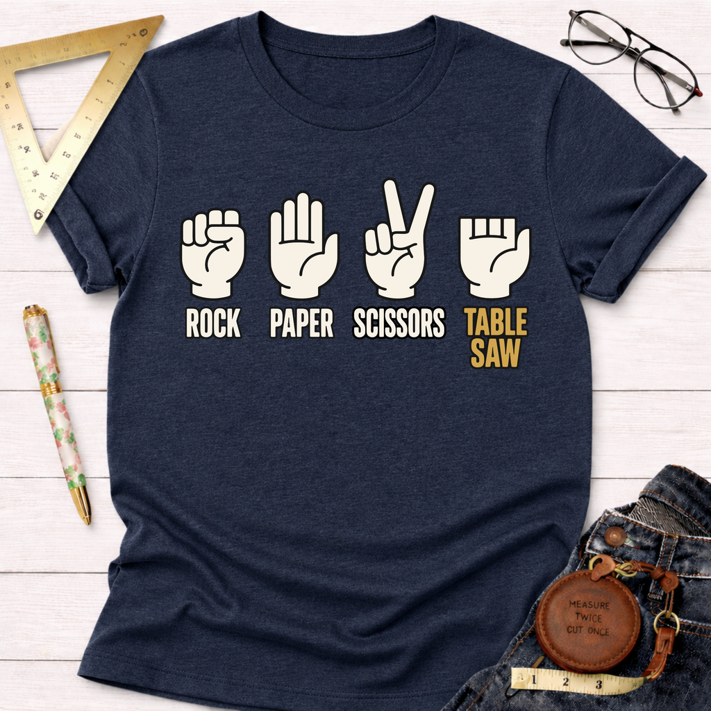 Navy blue Rock Paper Scissors Table Saw T-shirt with white and gold graphic print.