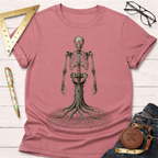 Unisex dusty rose t-shirt with a detailed wood skeleton graphic, surrounded by woodworking tools.