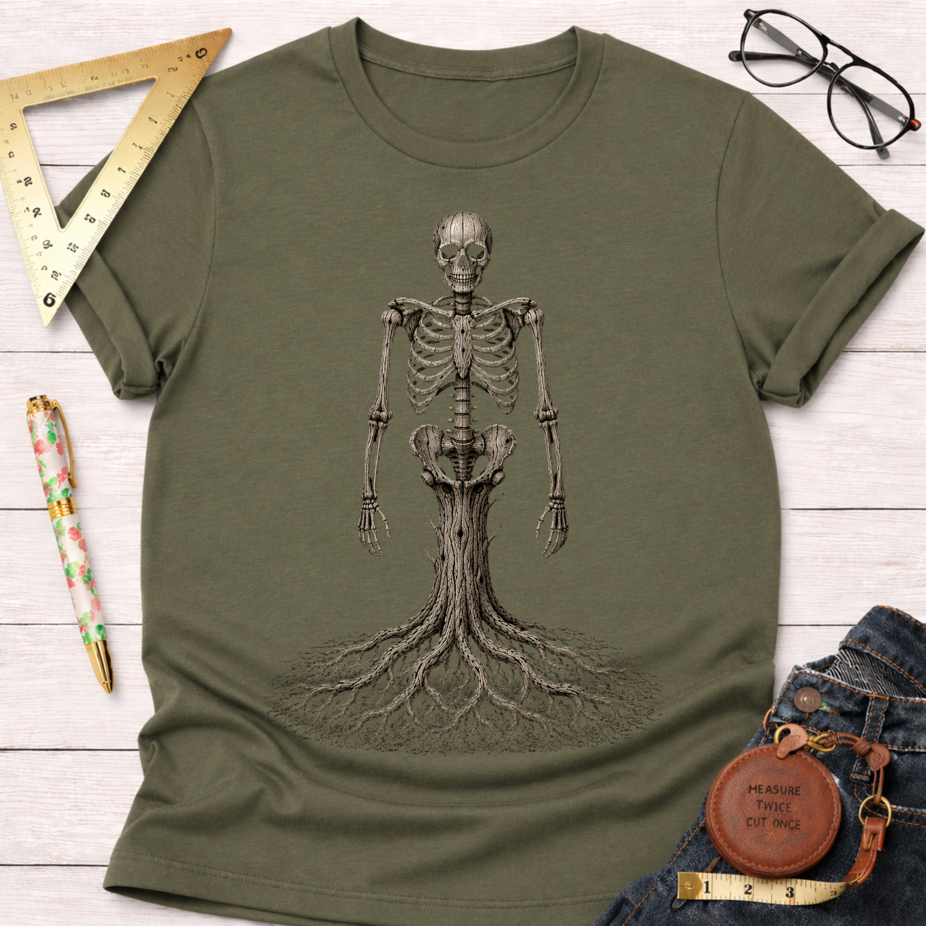 Olive green cotton t-shirt with a detailed wood skeleton graphic, featuring roots as legs.