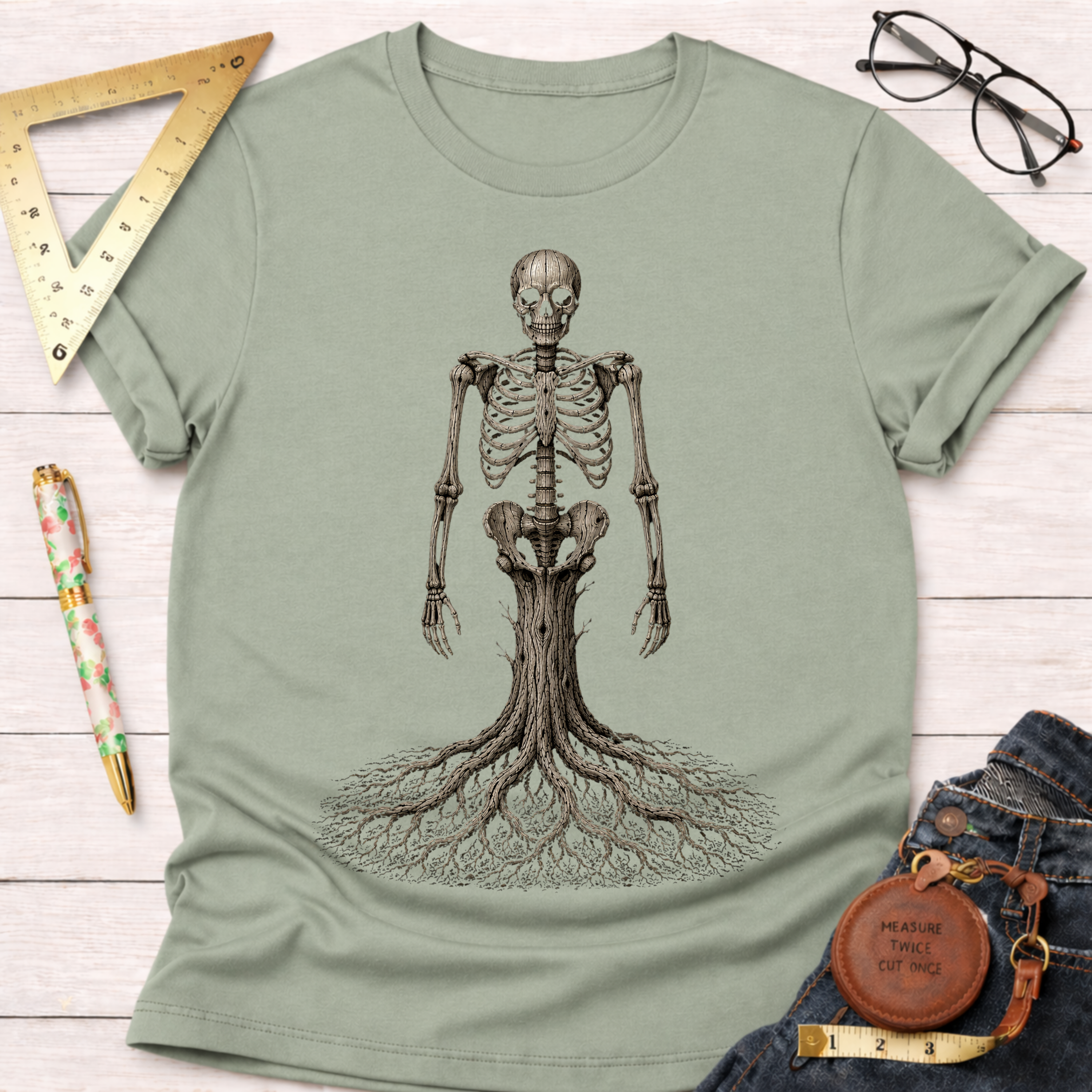 Unisex sage green cotton t-shirt with a detailed wood skeleton graphic, featuring roots as legs.