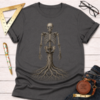 Unisex charcoal gray cotton t-shirt with a skeleton torso transitioning into tree roots.