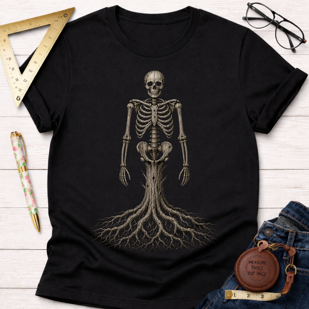 Black cotton t-shirt with a unique wood skeleton design, featuring roots at the base.