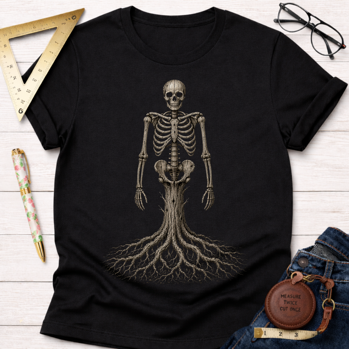 Black cotton t-shirt with a unique wood skeleton design, featuring roots at the base.