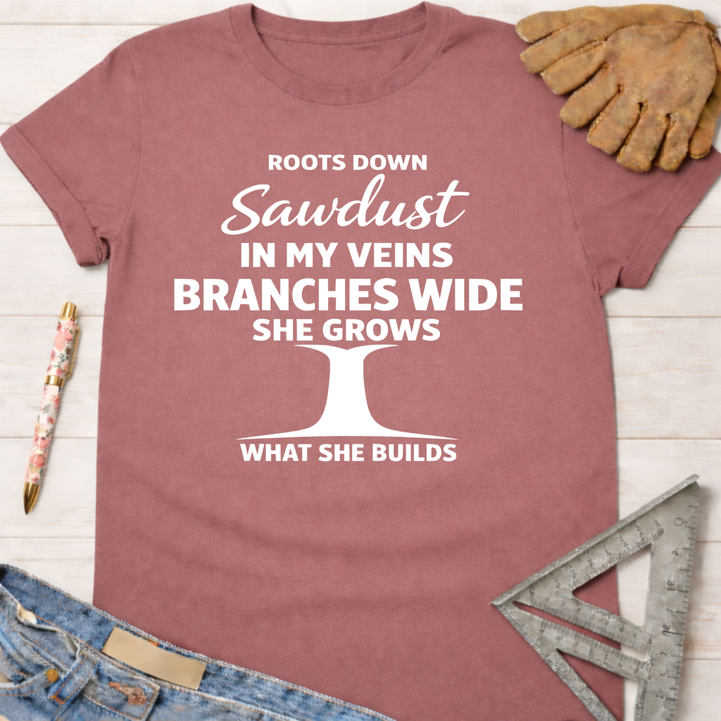 Women's funny woodworking graphic tee shirt for female woodworkers, makers, and DIY builders — Sawdust & Ponytails. Mauve cotton t-shirt with "Roots Down Sawdust In My Veins Branches Wide She Grows What She Builds" graphic.