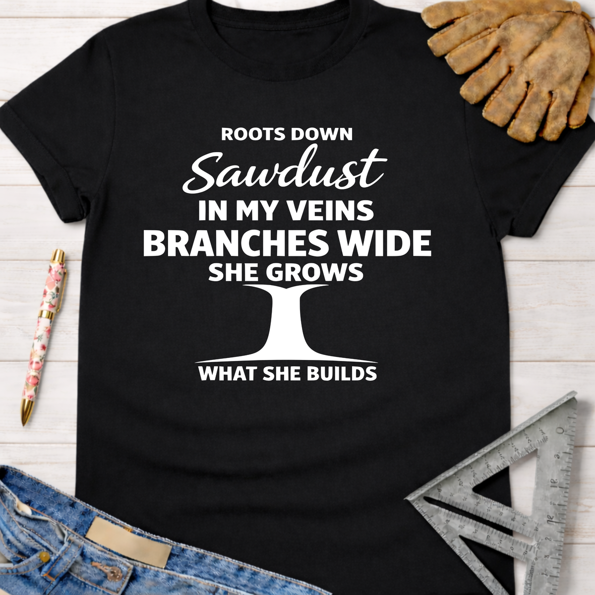 Black Roots Down Sawdust in My Veins Branches Wide She Grows graphic tee for women.