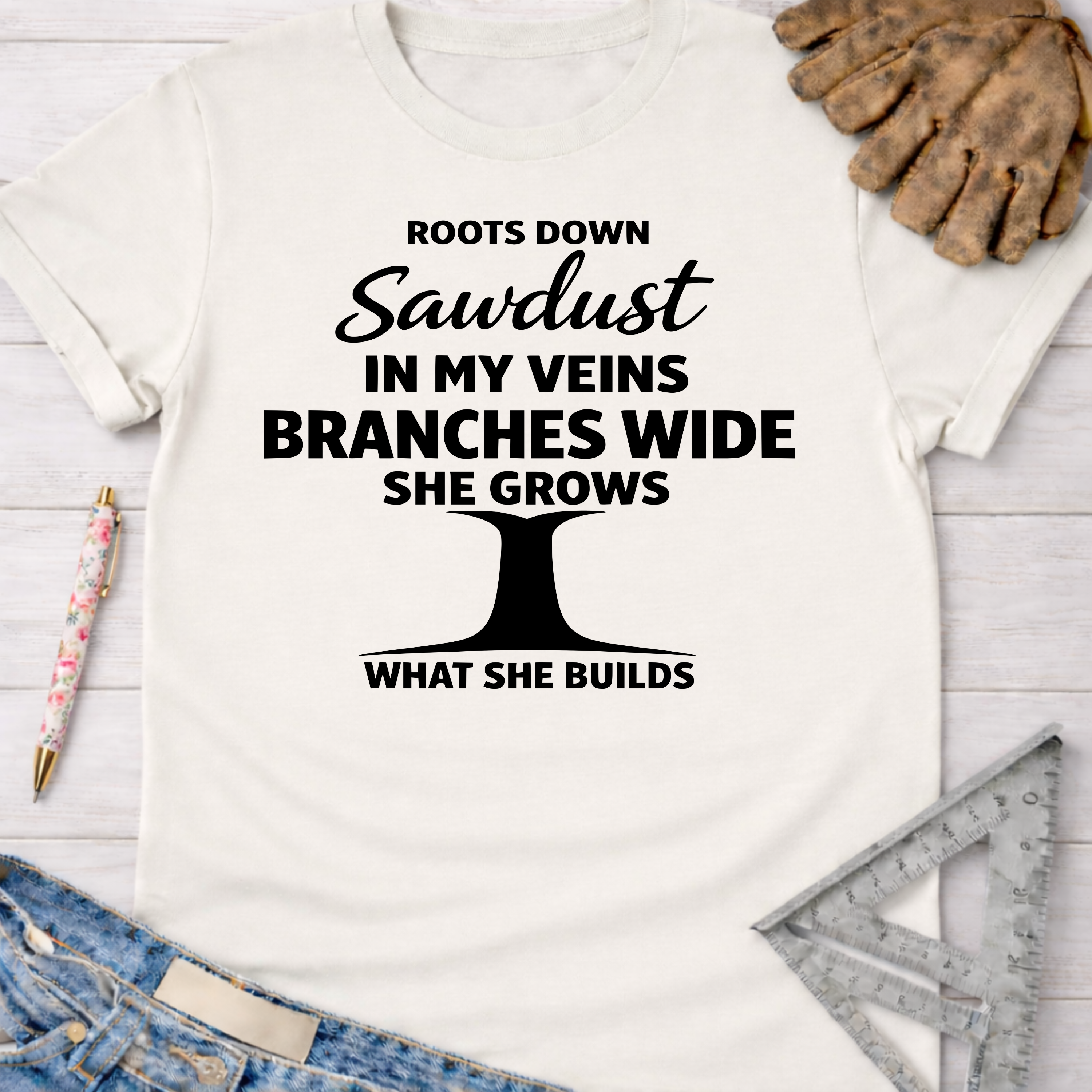 Women's funny woodworking graphic tee shirt for female woodworkers, makers, and DIY builders — Sawdust & Ponytails. White cotton tee with "Roots Down Sawdust In My Veins Branches Wide She Grows What She Builds" tree graphic.