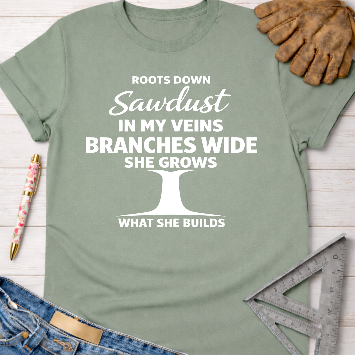 Women's funny woodworking graphic tee shirt for female woodworkers, makers, and DIY builders — Sawdust & Ponytails.