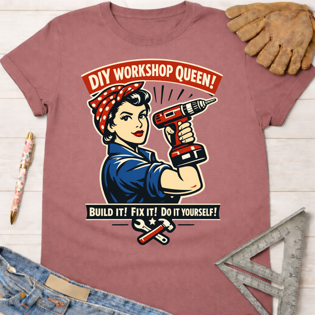 Women's funny woodworking graphic tee shirt for female woodworkers, makers, and DIY builders — Sawdust & Ponytails. Mauve short-sleeve t-shirt with a Rosie the Riveter-style "DIY Workshop Queen" graphic holding a power drill.