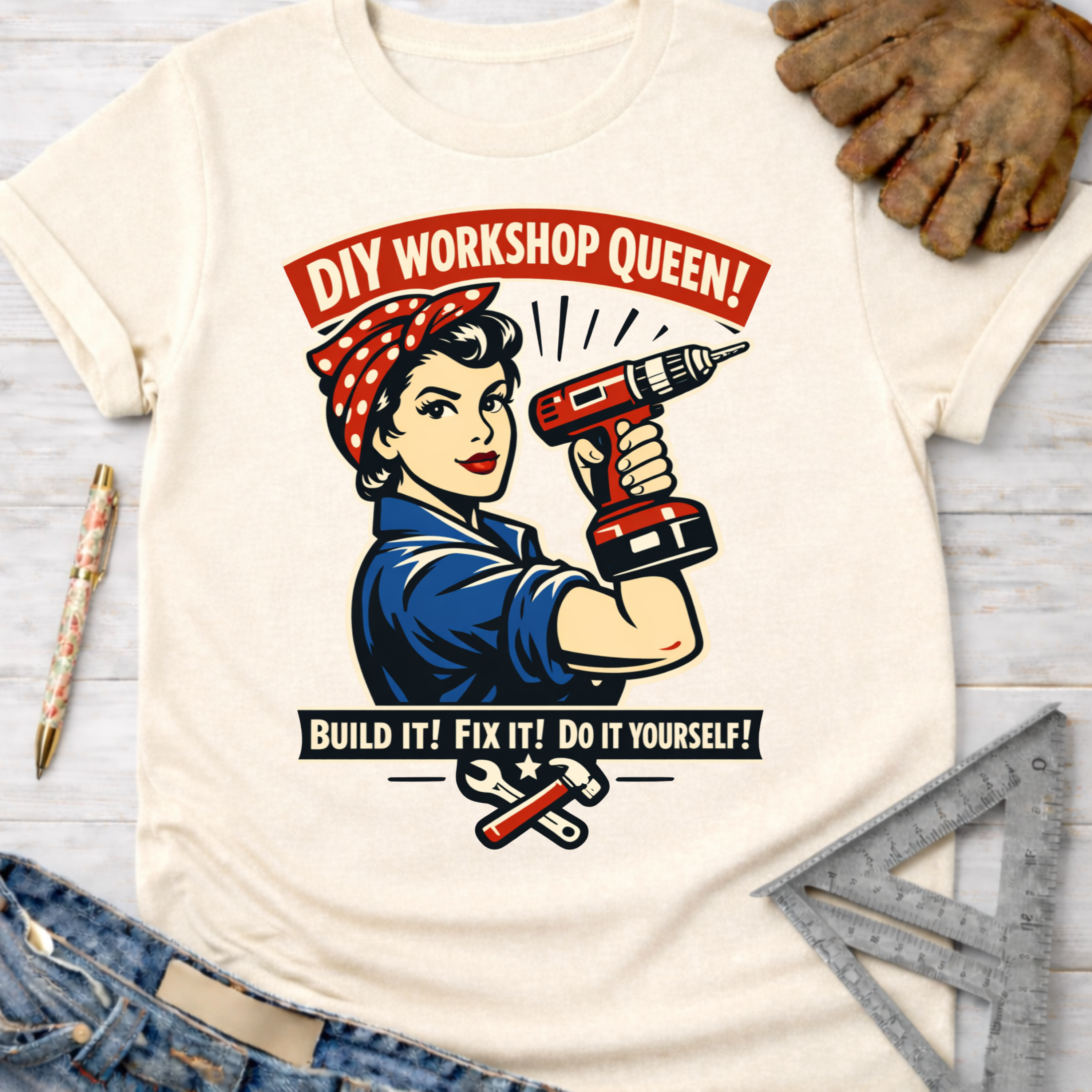 Women's funny woodworking graphic tee shirt for female woodworkers, makers, and DIY builders — Sawdust & Ponytails. Cream t-shirt with Rosie the Riveter holding a drill, "DIY Workshop Queen!" and "Build It! Fix It! Do It Yourself!" text.