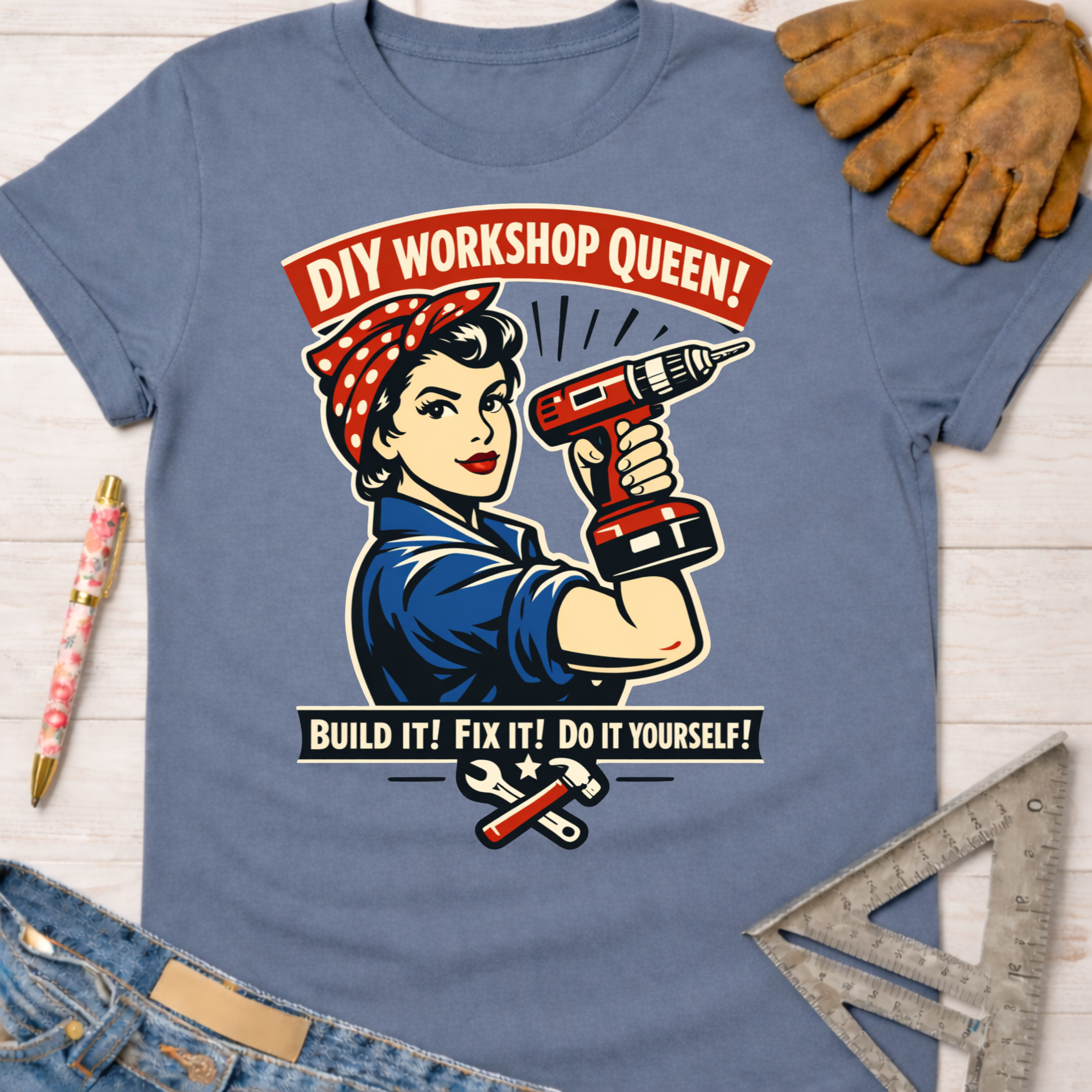 Women's funny woodworking graphic tee shirt for female woodworkers, makers, and DIY builders — Sawdust & Ponytails. Blue cotton tee with Rosie the Riveter holding a drill, "DIY Workshop Queen!" and "Build It! Fix It! Do It Yourself!" text.