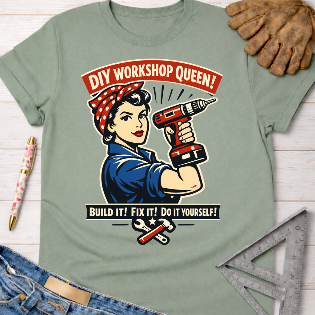 Women's funny woodworking graphic tee shirt for female woodworkers, makers, and DIY builders — Sawdust & Ponytails. Light green t-shirt with Rosie the Riveter holding a drill, "DIY Workshop Queen!" and "Build It! Fix It! Do It Yourself!" text.